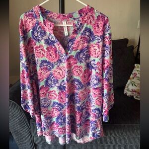 Floral V-Neck Blouse in Pink and Purple